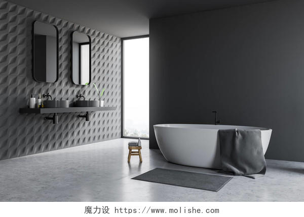 浴室的角落有灰色和瓷砖墙壁